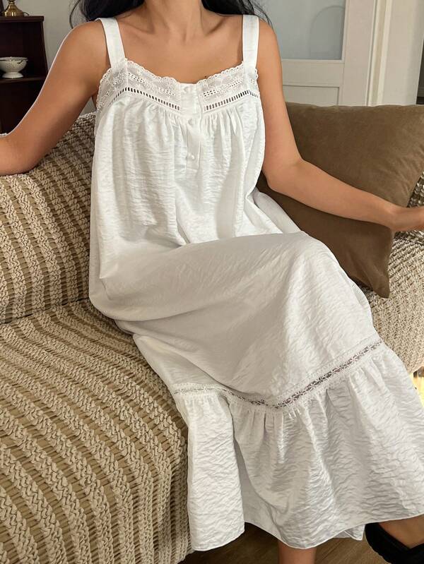 DAZY Women Lace Patchwork Sleeveless Wide Strap Ruffle Hem Solid Color Nightgown