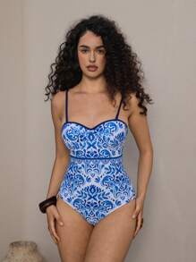 Swim Oasis 夏季女士优质印花细肩带紧身胸衣和裙子套装 2 件套 - 藍白色 - 查看 5