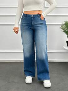 RueChic Plus High Waist Side Slit Straight Jean - Medium Wash - View 1