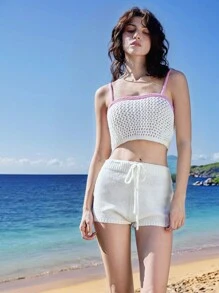 SHEIN Unity Women's White Contrast Color Knit Camisole, Sexy Knit Top,Hand-Crocheted - White - View 4