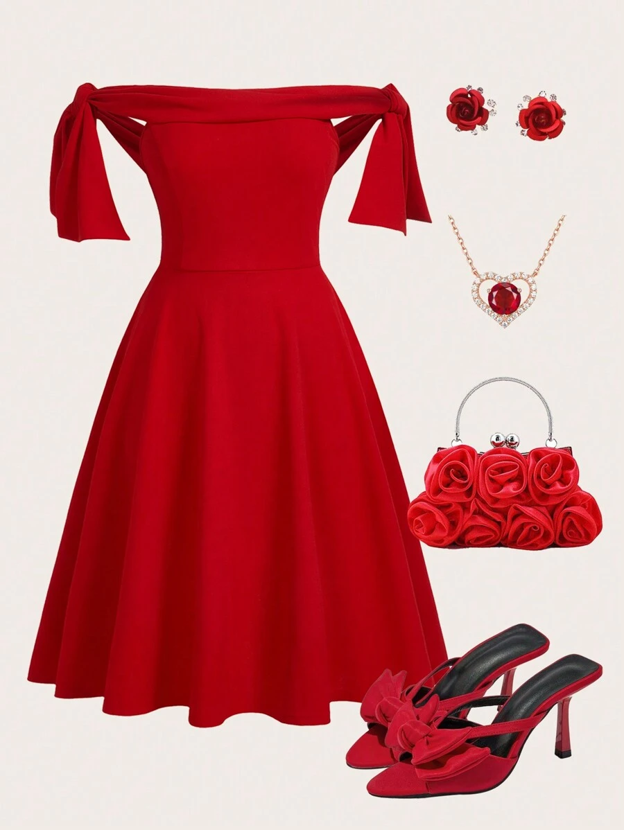 Ellevyn Plus Size Elegant Valentine's Day Solid Red Off Shoulder Bowknot A-Line Dress Outfit