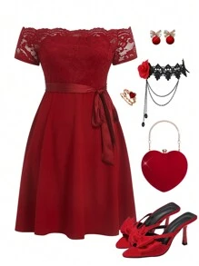 Ellevyn Plus Size Graceful Red Valentine's Day Off Shoulder Lace Patchwork Asymmetrical Hem A-Line Dress Outfit - Burgundy - View 1