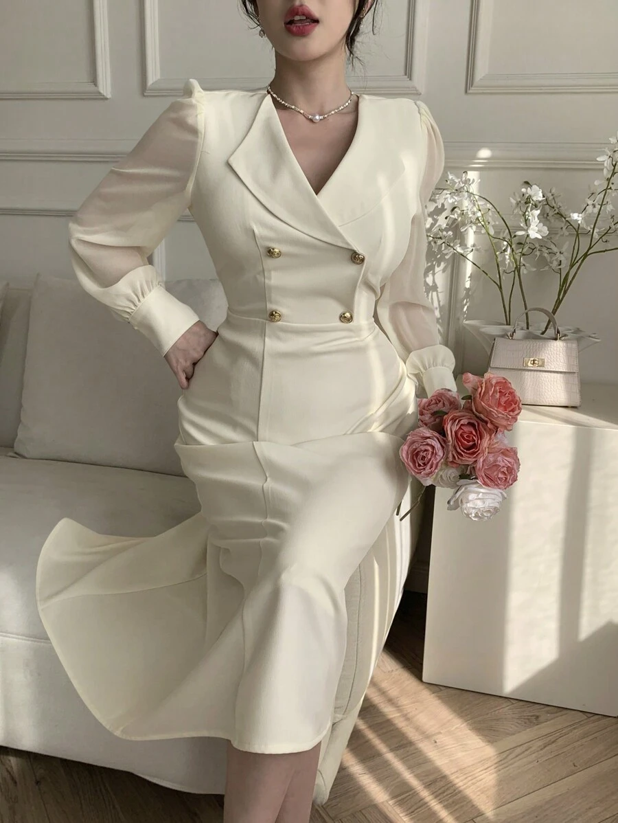 DAZY Spring Wedding Guest V-Neck Puff Sleeve Button Decor Mid-Length Dress Prom Dress,Fall Dress Long Sleeve Dress Elegant Women Dresses - Beige - View 1