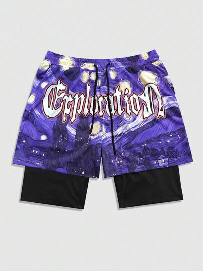 Street Life Pantaloncini da basket casual da uomo con stampa a pittura e vita con coulisse, 2 in 1