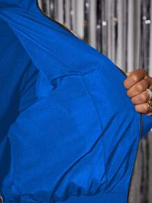 Manfinity VCAY 年轻男士时尚休闲日常奢华 PU 皮革修身长袖夹棉大衣，适合秋冬 - 寶藍色 - 查看 5