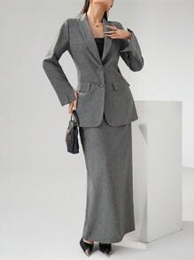 Heiryn 女士休闲通勤纯色夹克和裙子套装