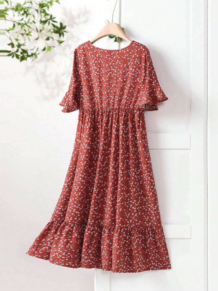 Lässiges wadenlange Kleid für Damen mit kurzen Ärmeln und kleinem Blumenmuster, geeignet für Frühling/Sommer