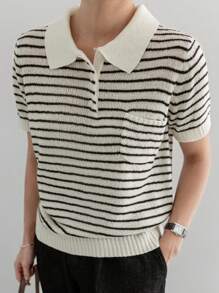 Dazy-Less Damski sweter biznesowy casualowy w paski z blokami kolorów, z krótkim rękawem i kołnierzykiem, w stylu patchworkowym, strój nauczycielski - Biały - Zobacz 4