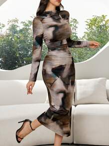 Modelyn Women's Elegant Marble Print Ruched Fitted Dress - Yellow - View 2