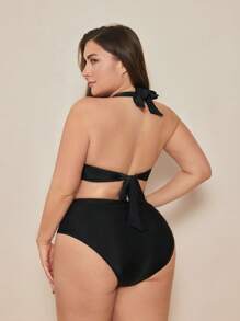SHEIN Swim Curve مجموعة بكيني نسائية بسحابات كبيرة الحجم - الأسود - مشاهدة 2