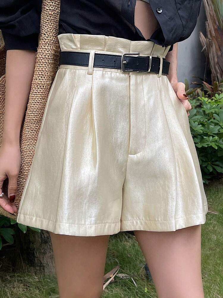 Women's Casual Solid Color Paper Bag Waist Loose Shorts