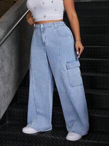 SHEIN ICON Utility Pocket Splice Washed Denim Straight Leg Pants - Light Wash - View 5