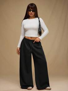 Forever 21 大码女式纯色抽绳腰阔腿休闲运动裤 - 黑色 - 查看 4