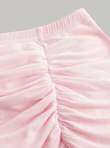 Sweetina Spring Ruched Ruffle Trim Ruffle Hem Mesh Black Skirt - Baby Pink - View 3