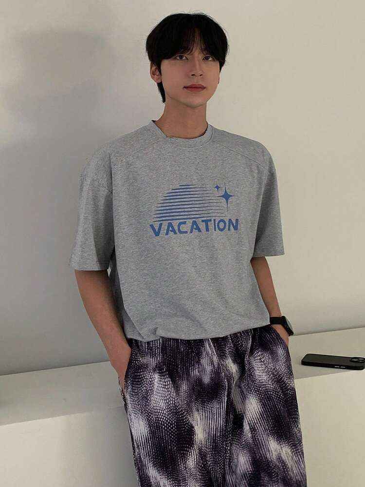 Men's Summer Beach Vacation Letter Graphic Grey Short Sleeve Casual T-Shirt, Simple & Everyday Wear