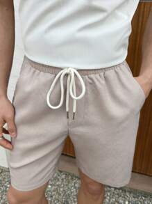 Manfinity NXTstreet Manfinity Modomio 2 Pieces Set Men's Fitted Crew Neck T-Shirt Outfit, Suitable For Summer,Beach Men Shirt,Beach Men,Men Dress Shirt,Men Shorts Set,Two Pieces Beach Set - White - View 4