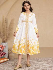 Tween Girls' Elegant Floral Lace & Gradient Rose Print Long Sleeve Dress, Suitable For Daily Work, Parties, Family Gatherings, Casual Vacation, Spring/Summer - White - View 6