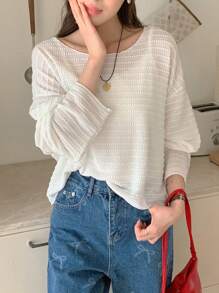 DAZY Áo thun tay dài bán trong suốt họa tiết dành cho nữ, áo thun cơ bản màu trơn thường ngày, quần áo nữ mùa thu - trắng - Xem 3