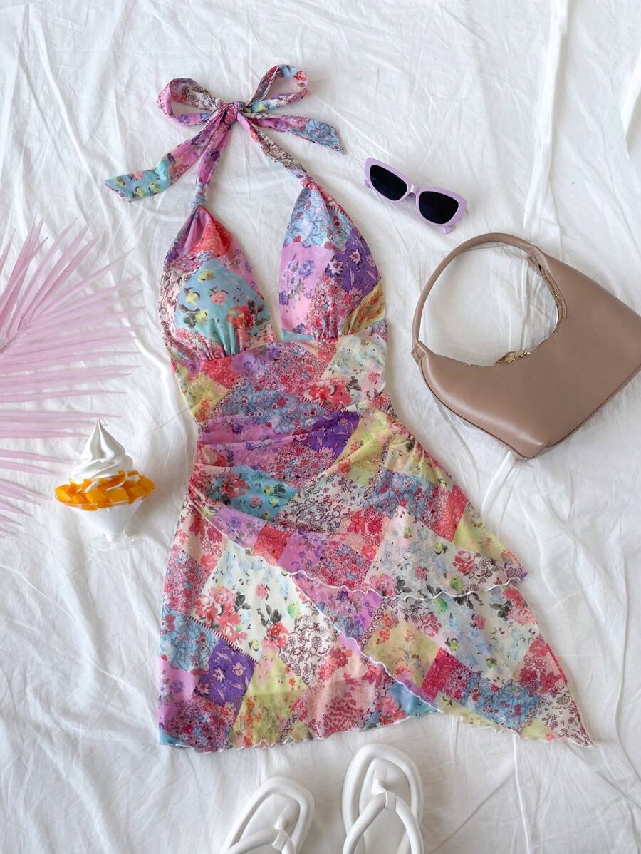 Soleia Sweet Romantic Ditsy Floral Color Block Patchwork Halter V-Neck Drawstring Mesh Ruched Vacation Mini Dress For Ladies, Suitable For Holiday, Music Festival, Bohemian, Date, Afternoon Tea, Spring/Summer - Multicolor - View 1