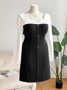 SHEIN Frenchy Plus Size Elegant Commuter Color Block Patchwork Dress - Black and White - View 2