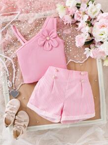 Elladie kids 2 件套年轻女孩针织罗纹不对称花卉印花上衣和带珍珠纽扣的罗纹短裤，可爱休闲夏装 - 粉色 - 查看 5