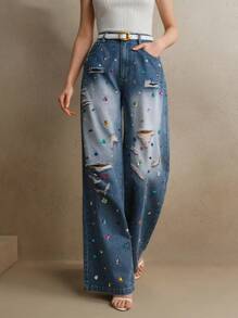 Anewsta Quần Jeans Xanh Nữ Thời Trang Retro Hiện Đại Màu Sắc Cũ Đính Đá Rhinestone, Dành Cho Lễ Hội & Đi Chơi - Rửa tối - Xem 4