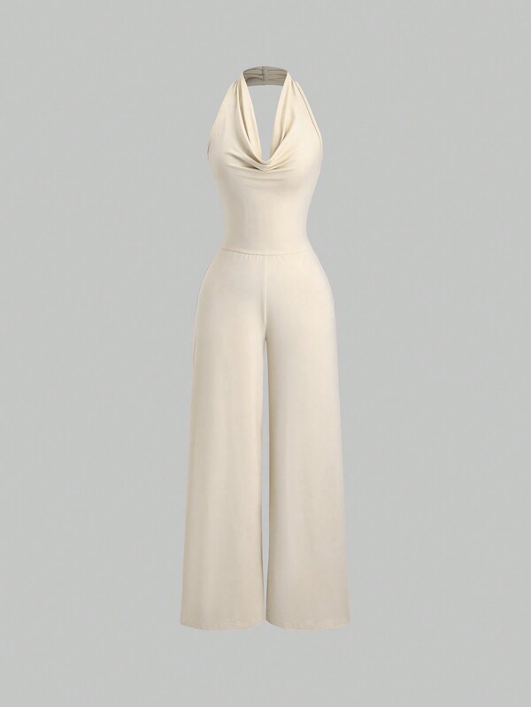 Sweetra 1 pieza Mono entallado con perneras anchas, cuello drapeado y espalda descubierta en color albaricoque para mujer