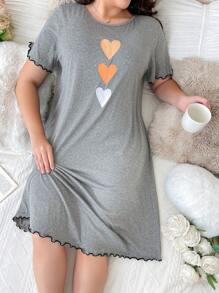 3pcs Plus Size T-Shirt Nightgown With Heart Print, Casual