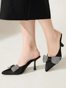 CUCCOO CHICEST Women's Pointed Toe High Heel Rhinestone Bow Elegant Slip-On Mules, Suitable For Work, Dating, Party, Wedding Spring Shoes Spring Break Easter Prom Heels - Black - View 5