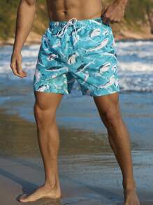 Manfinity Swimmode Men's Shark Print Drawstring Waist Beach Shorts Men Swim Trunks - Blue - View 6