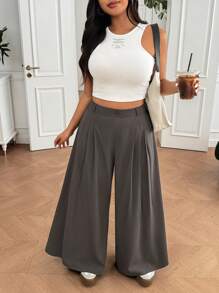 SHEIN EZwear 大码灰色褶皱阔腿裤，春季