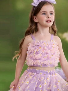 SHEIN Kleine Mädchen 2 Stücke Set aus Chiffon Crop Trägerhemd mit Ditsy Blumenmuster und Mini Rock, Lässig - Violett - Übersicht 3