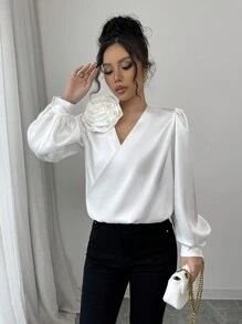 Elenzga 花卉贴花褶饰灯笼袖衬衫 - 白色 - 查看 4