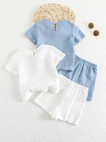 Cozy Pixies 2 Stücke/Set Baby Jungen einfarbiger Rundhals Kurzarm Pullover und Shorts Set mit Gummibund
