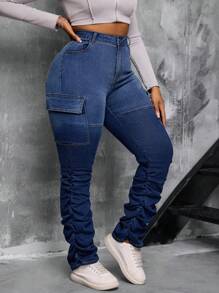 Slaydiva Celana Jeans Wanita Ukuran Besar Warna Gradien Ombre Pinggang Tinggi Elastis - Biru - View 4