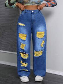 SHEIN SXY Plus Size Vintage Distressed Denim Color Mesh Long Pants - Medium Wash - View 3