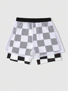 ROMWE MEN Prep Men's Mesh Jersey Checkerboard Pattern Shorts, 2-In-1 Look, Spring/Summer Vacation - White - View 2