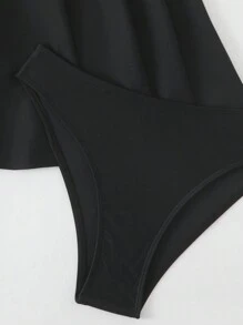 SHEIN Swim Frauen Schwarz V-Ausschnitt Rüschen Strandkleid 2-Teiler Bademode, Sommer - Schwarz - Übersicht 7