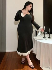Dazy Plus Solid Color Splicing Square Neck Wrap Long Dress, Spring Summer Autumn Party Women Dresses Milkmaid Dress,Ruffle