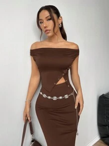 SHEIN EZwear 時尚巧克力棕色兩件式套裝：露肩上衣與長版魚尾裙，女款度假穿搭 - 摩卡棕 - 查看 6