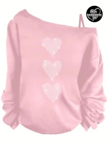 SHEIN Essnce 情人节心形图案细肩带长袖女式 T 恤，休闲款，适合春秋季节 - 粉色 - 查看 1
