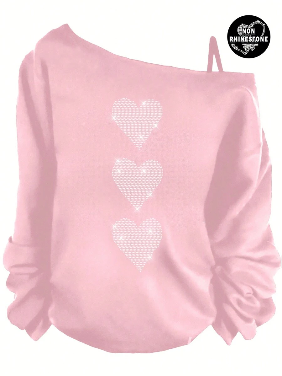 SHEIN Essnce 情人节心形图案细肩带长袖女式 T 恤，休闲款，适合春秋季节 - 粉色 - 查看 1