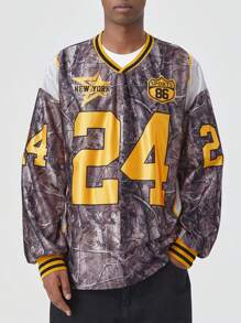 ROMWE MEN Prep 男士 V 领长袖字母与树枝印花休闲 T 恤，秋季