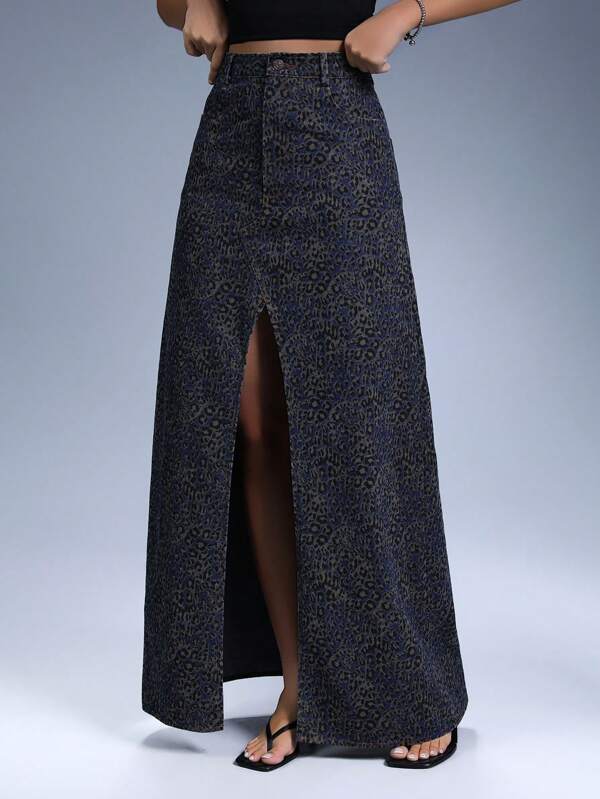 Aveloria Affinna Multi-Color Fashion Abstract Random Leopard Print Front Slit Basic Women's Denim Maxi Skirt Fall Cloth For Women