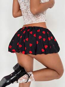 SHEIN Unity Minifalda casual de mujer con estampado de corazón y volante en el bajo, adecuada para primavera/verano, uso diario, salidas, citas, Día de San Valentín - Negro - Ver 1