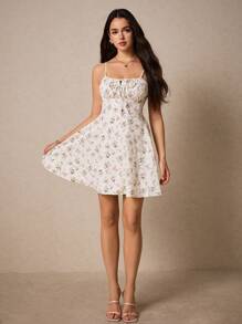 Poéselle Damen Kleid mit Blume Muster, dünne Träger, Cottagecore Sommerkleid, Milchmädchen Kleid, Sommer Essentiell, Urlaubs Stimmung