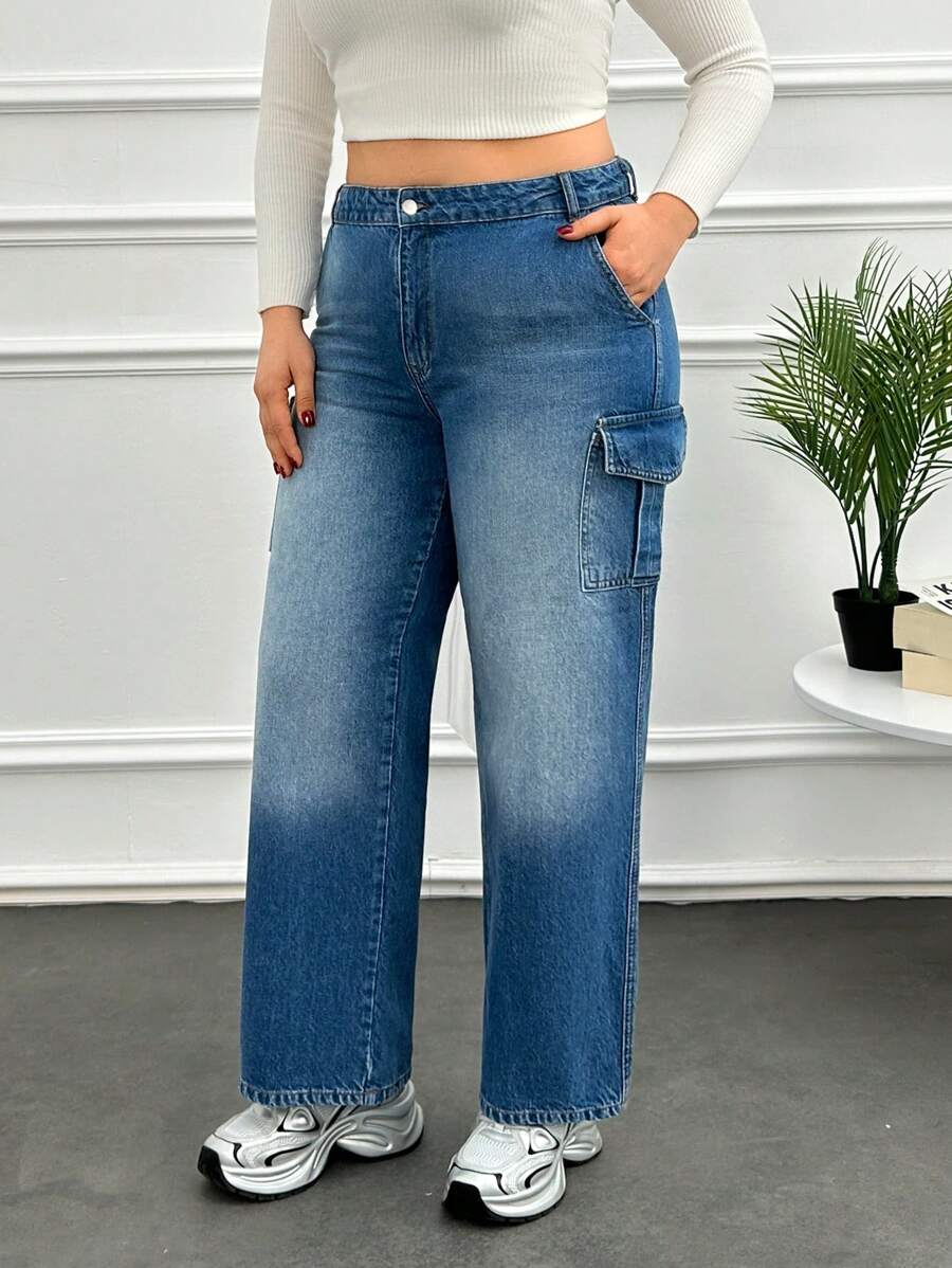 RueChic High Waist Cargo Pocket Straight Jean - Medium Wash - View 1