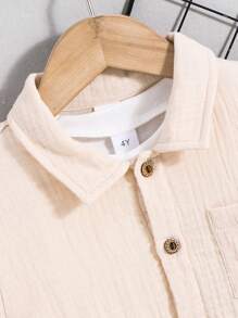 SHEIN 2 件套年轻男孩休闲纹理面料衬衫和短裤套装，2 件套服装适合学校、花园、海滩、生日、春季、夏季、秋季、冬季 - 杏色 - 查看 3