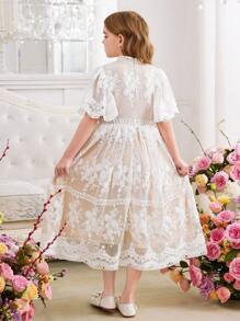 SHEIN فستان أميرة أنيق من القماش المنسوج بالتطريز والدانتيل المطرز ذو كم فلير ضيق الخصر، مناسب للزفاف والحفلات والكروم وعيد الحب وحفلات الربيع و للبنات المراهقات