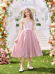 Girls Lace Trim Colorblock Bow Belt Dress, Short Sleeve, Pink, Suitable For Wedding Season, Spring/Summer - Baby Pink - View 5